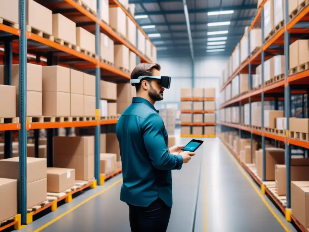 Innovación logística: Realidad Aumentada en almacén 8k Empleados en almacén con Realidad Aumentada en logística ecommerce
