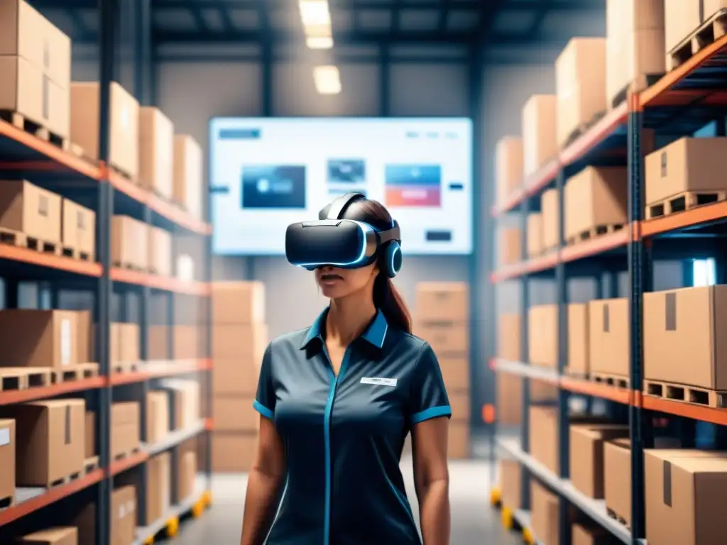 Entrenamiento logístico en realidad virtual: colaboración y desafíos Empleados en almacén con realidad virtual, resolviendo desafíos logísticos