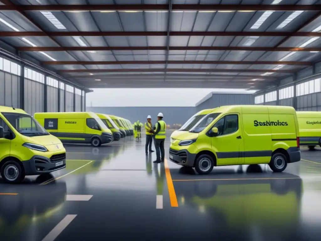 Empresa logística ecoeficiente: flota eléctrica en acción Preparar empresa logística vehículos eléctricos: Patio bullicioso con furgonetas cargadas de paquetes, paneles solares y estación de carga