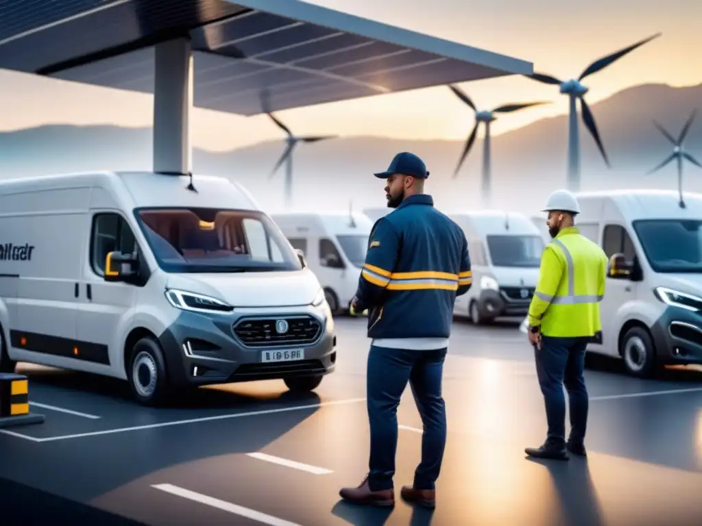 Logística sostenible: centro de distribución eléctrico Empresa logística preparando vehículos eléctricos en su patio de carga, impulsando la sostenibilidad