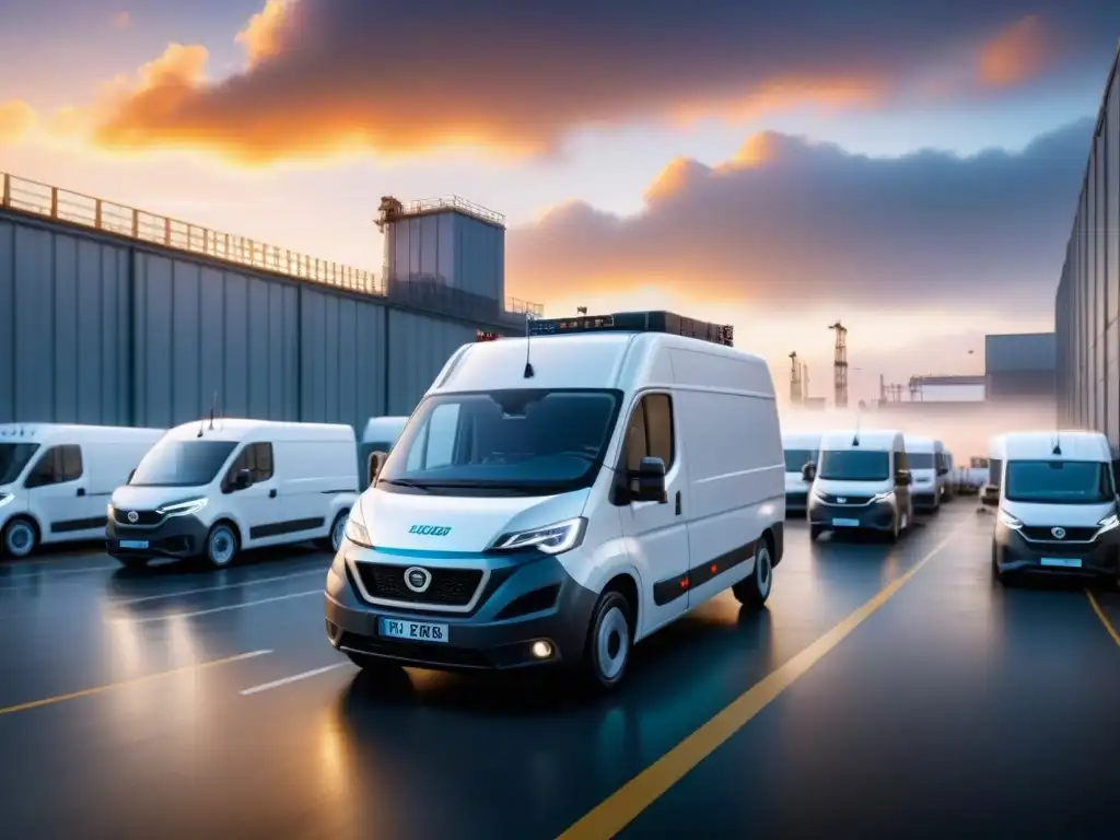 Centro logístico eléctrico: eficiencia y modernización Preparar empresa logística vehículos eléctricos: Centro urbano logístico con vehículos eléctricos coloridos y trabajadores coordinando carga