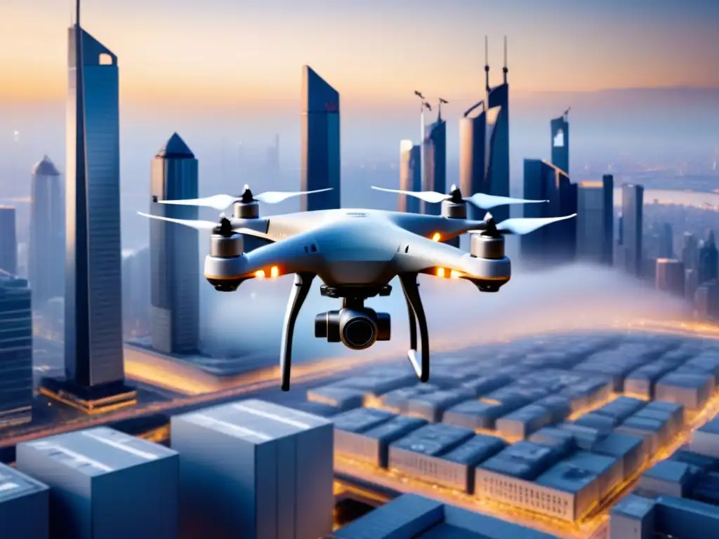 Drones de entrega: precisión en la ciudad Un enjambre de drones avanzados con tecnología GPS navegando sin problemas por una ciudad compleja