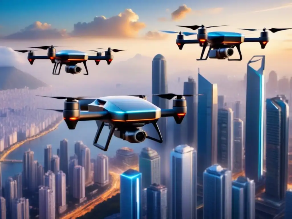 Flota de drones de entrega futuristas en Latinoamérica Un enjambre de drones futuristas surca el cielo de una ciudad latinoamericana, representando el futuro de las entregas con drones en Latinoamérica