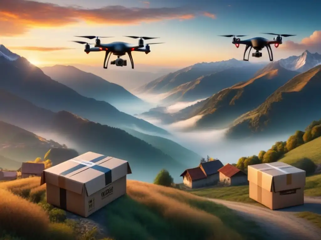 Drones entregando paquetes al atardecer sobre montañas Entrega de paquetes con drones sobre montañas al atardecer