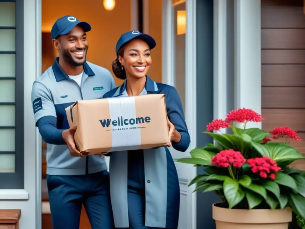 Entrega perfecta: Emocionante encuentro entre repartidor y cliente Una entrega perfecta: el repartidor entrega un paquete bellamente envuelto a un cliente sonriente en su puerta