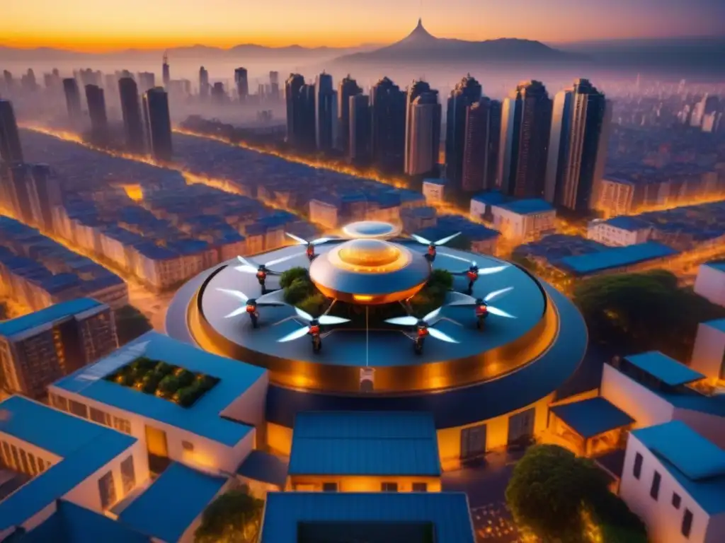 Entrega futurista: drones surcan el cielo urbano al atardecer Entregas con drones en Latinoamérica: Drones cruzan el cielo urbano, entregando paquetes al atardecer