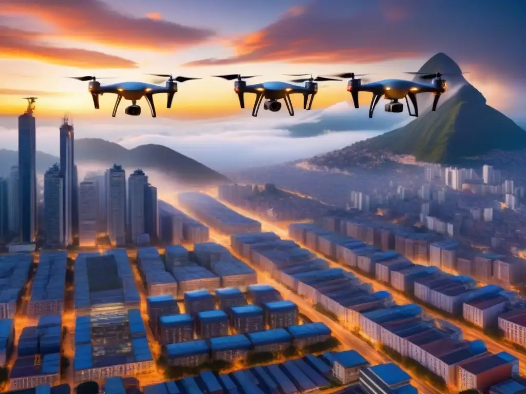 Avanzada flota de drones sobre ciudad latinoamericana Entregas con drones en Latinoamérica: Flota de drones avanzados surcando la vibrante ciudad, fusionando tecnología y paisaje urbano