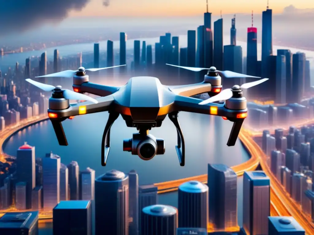 Drones de última generación surcando la ciudad Entregas eficientes con drones logística: Drones avanzados surcan la ciudad entregando paquetes, en una escena futurista de innovación