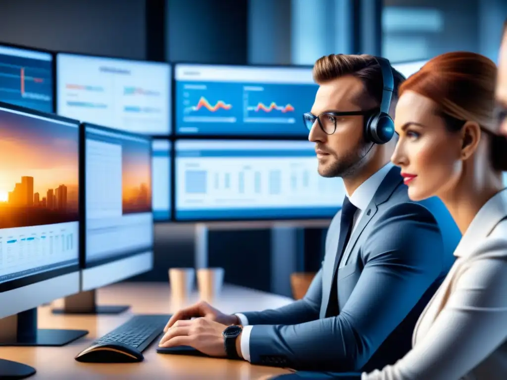 Equipo de analistas de datos enfocado en ecommerce Equipo de analistas de datos concentrados en pantallas con modelos de analítica predictiva para reducir devoluciones eCommerce
