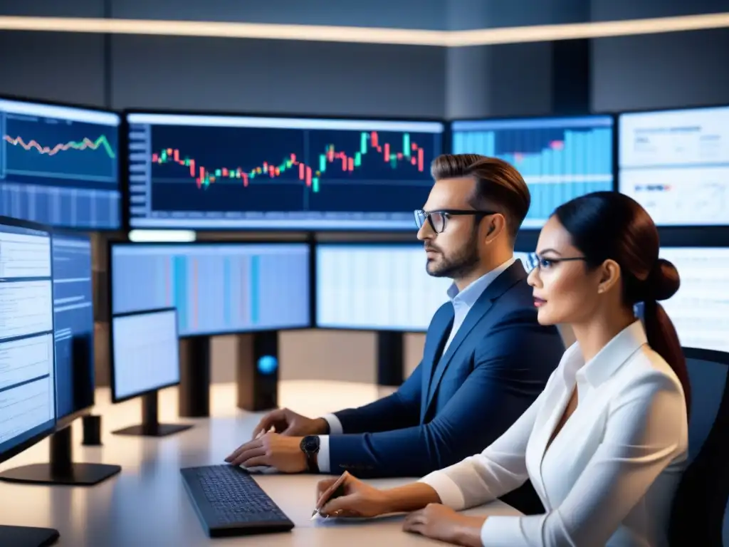 Un equipo de analistas de datos y expertos en cadena de suministro colaborando en una oficina moderna, discutiendo estrategias inteligentes para previsión