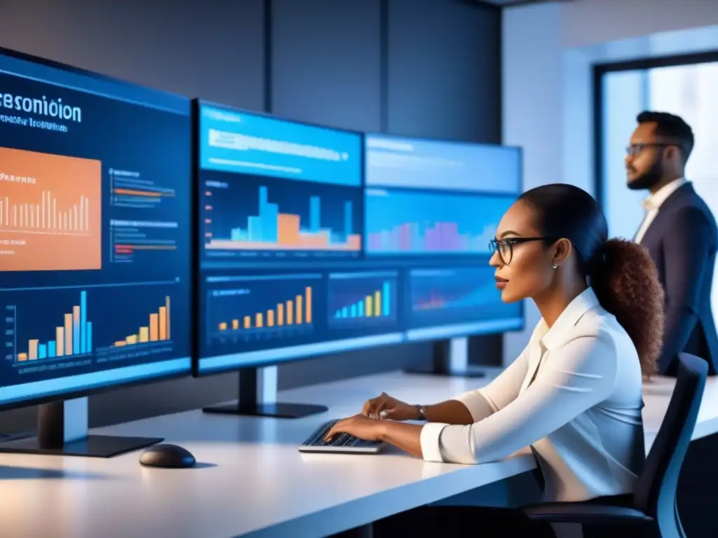 Equipo de analistas de datos en acción: predicciones ecommerce Equipo de analistas de datos inmersos en análisis predictivo en ecommerce en una oficina moderna