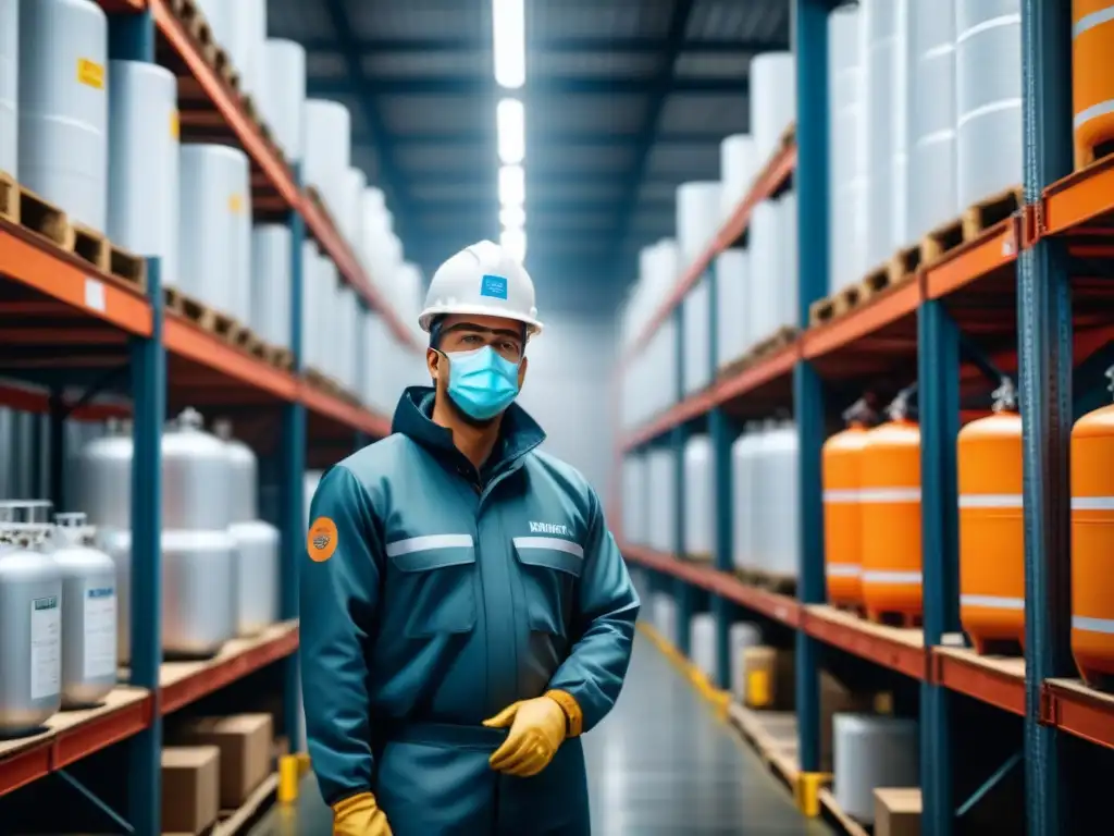 Inspección detallada de seguridad en almacén químico Equipo de auditorías de seguridad en almacén químico, documentando meticulosamente protocolos y procedimientos