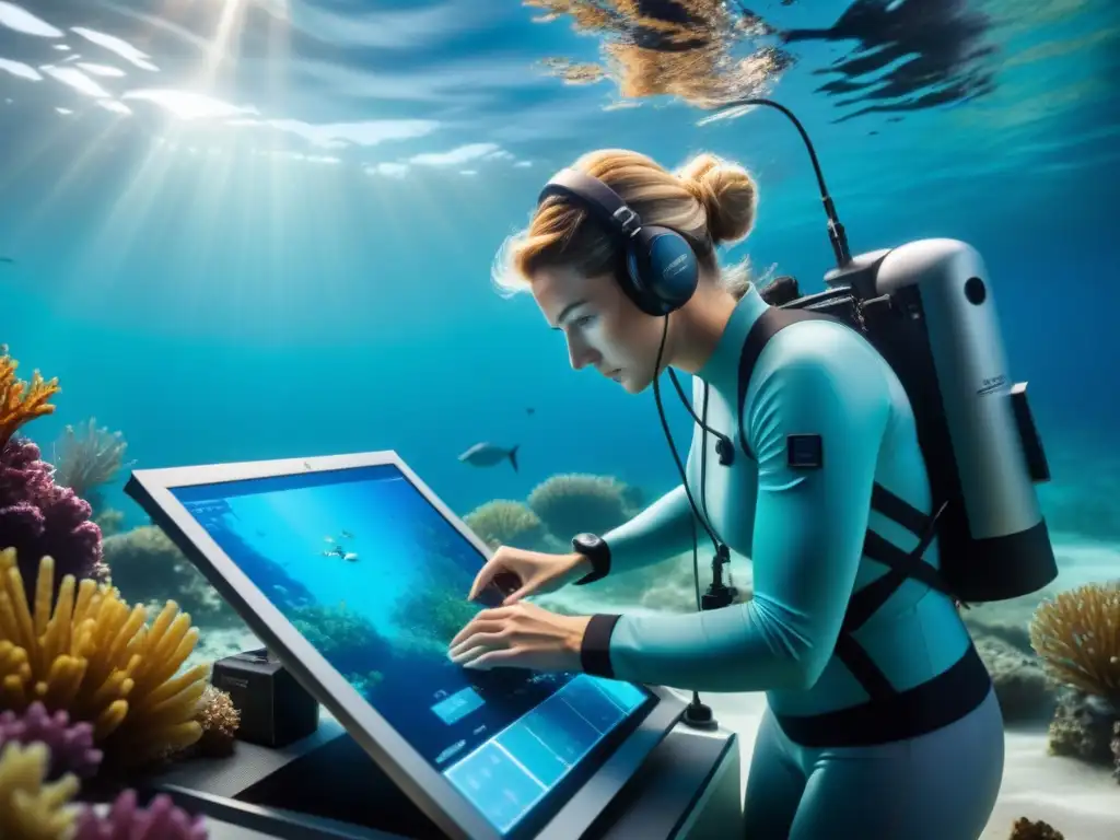 Equipo de cartógrafos submarinos explorando detalladamente el lecho marino con tecnología sonar, rodeados de vida marina