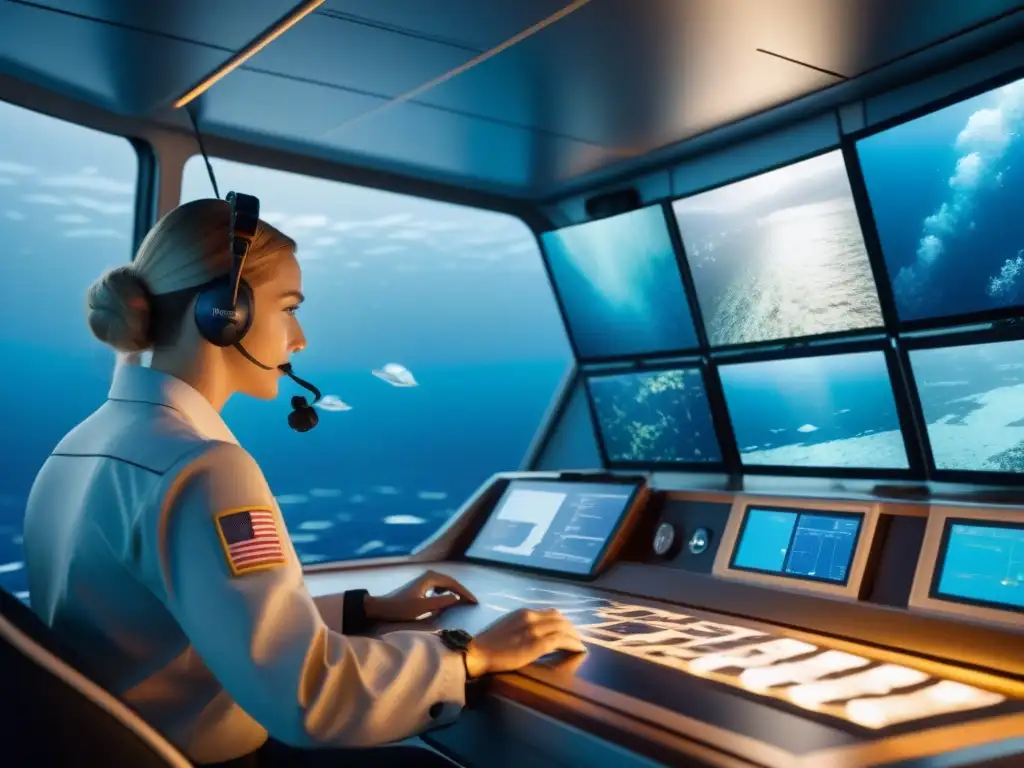 Equipo de cartógrafos submarinos mapeando con precisión en buque de investigación