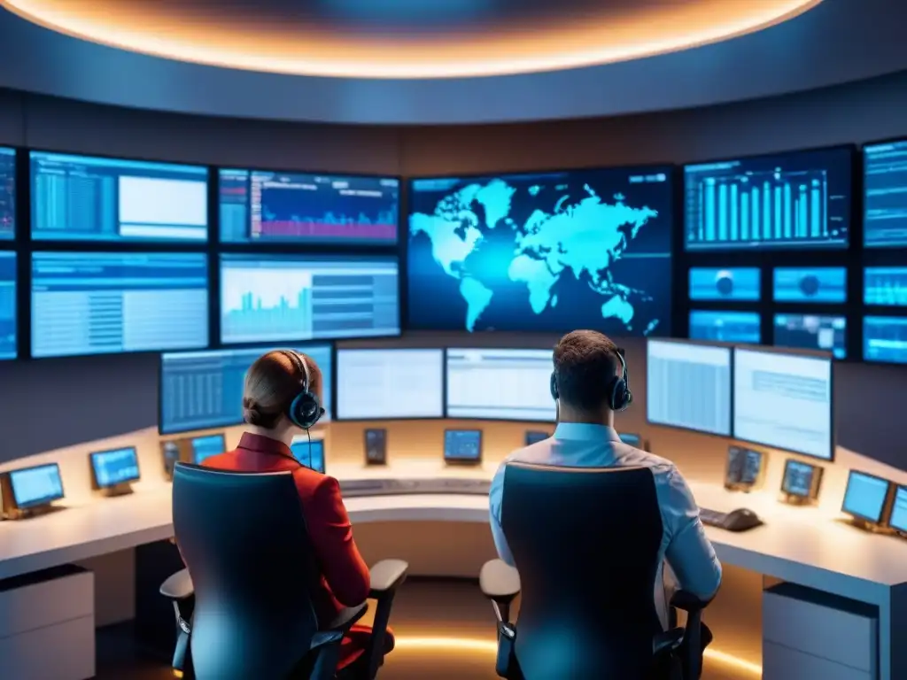 Equipo de ciberseguridad protegiendo la cadena digital Equipo de ciberseguridad en cadena suministro digital monitorea actividades en NOC con datos en pantallas