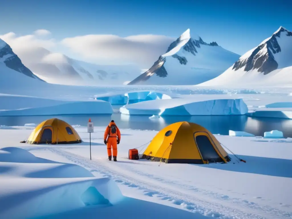 Expedición científica en la Antártida: investigación en un paisaje helado Equipo científico en la Antártida realizando investigación, rodeado de paisajes helados