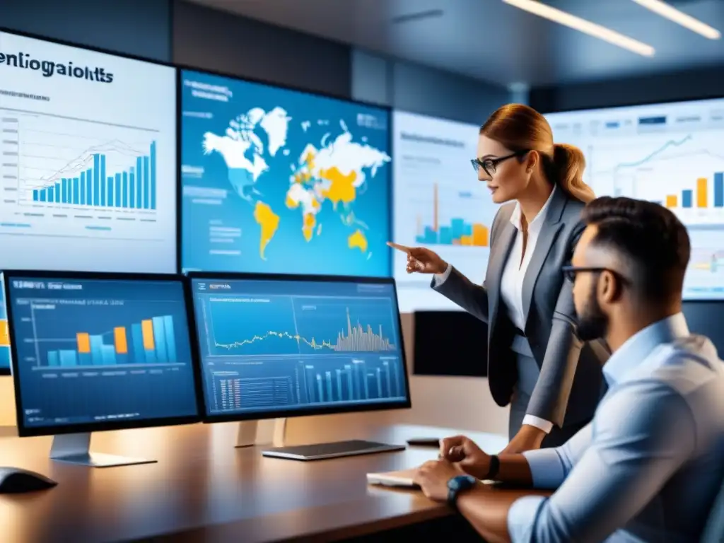 Equipo de consultores logísticos expertos en moderna oficina Un equipo de consultores en logística personalizada colabora en una oficina moderna, rodeados de pantallas con diagramas y análisis de datos
