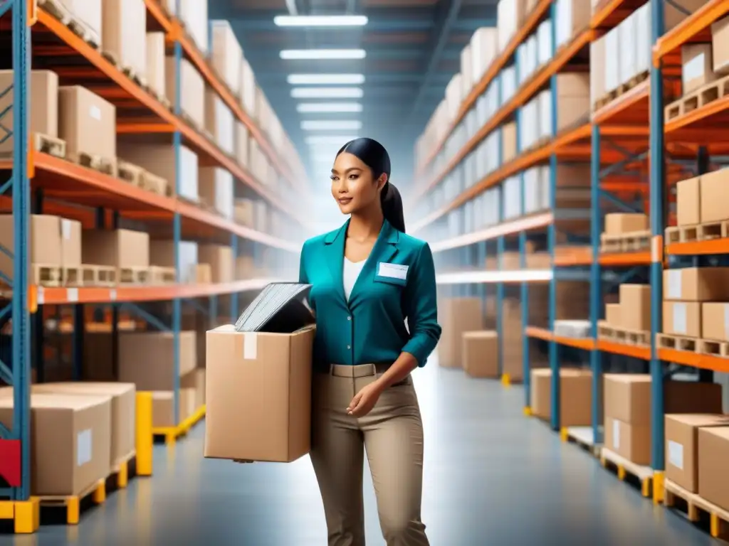 Almacén de eCommerce: Eficiencia en gestión de devoluciones Un equipo diverso en un almacén de eCommerce, minimizando costos de devoluciones con eficiencia y profesionalismo