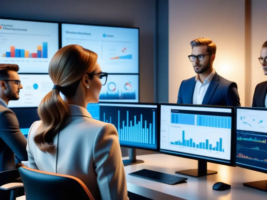 Equipo innovador de análisis de datos y software en acción Equipo diverso de analistas de datos y ingenieros de software colaborando en análisis predictivo en ecommerce en oficina moderna
