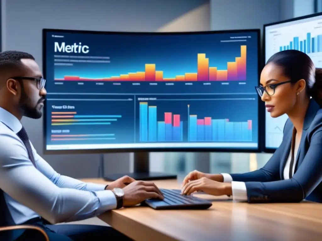Equipo de analistas de datos en acción: análisis predictivo en oficina moderna Equipo diverso de analistas de datos inmersos en el análisis predictivo en ecommerce en una oficina moderna