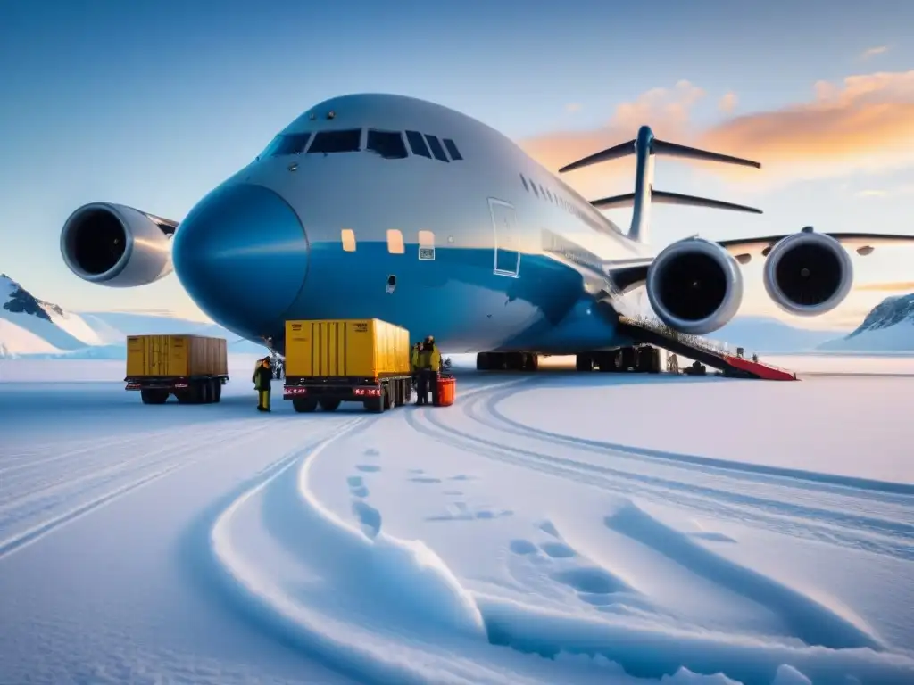 Equipo diverso en la Antártida descargando suministros de avión, destacando soluciones innovadoras logística antártica