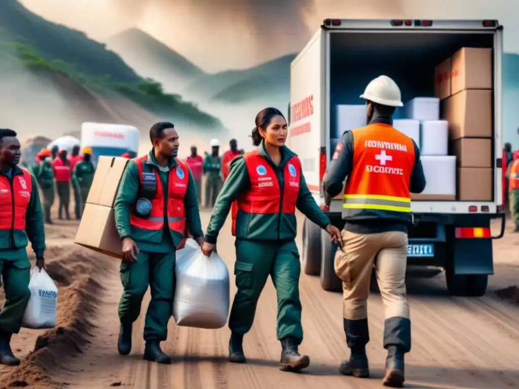 Equipo humanitario diverso descargando suministros en zona de desastre Equipo diverso de ayuda humanitaria descargando suministros en zona desastre, resaltando la eficiencia de la IA en logística humanitaria eficiente