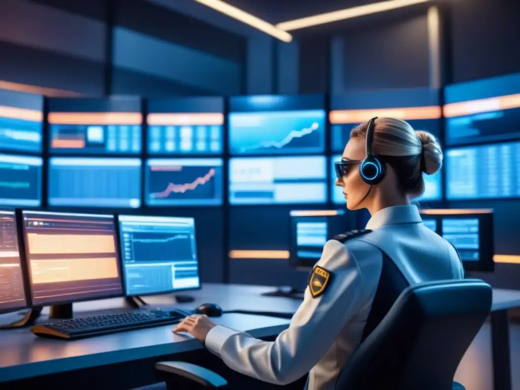 Centro de Operaciones de Ciberseguridad Futurista: Vigilancia Logística Equipo diverso en centro de ciberseguridad, monitoreando pantallas con datos complejos