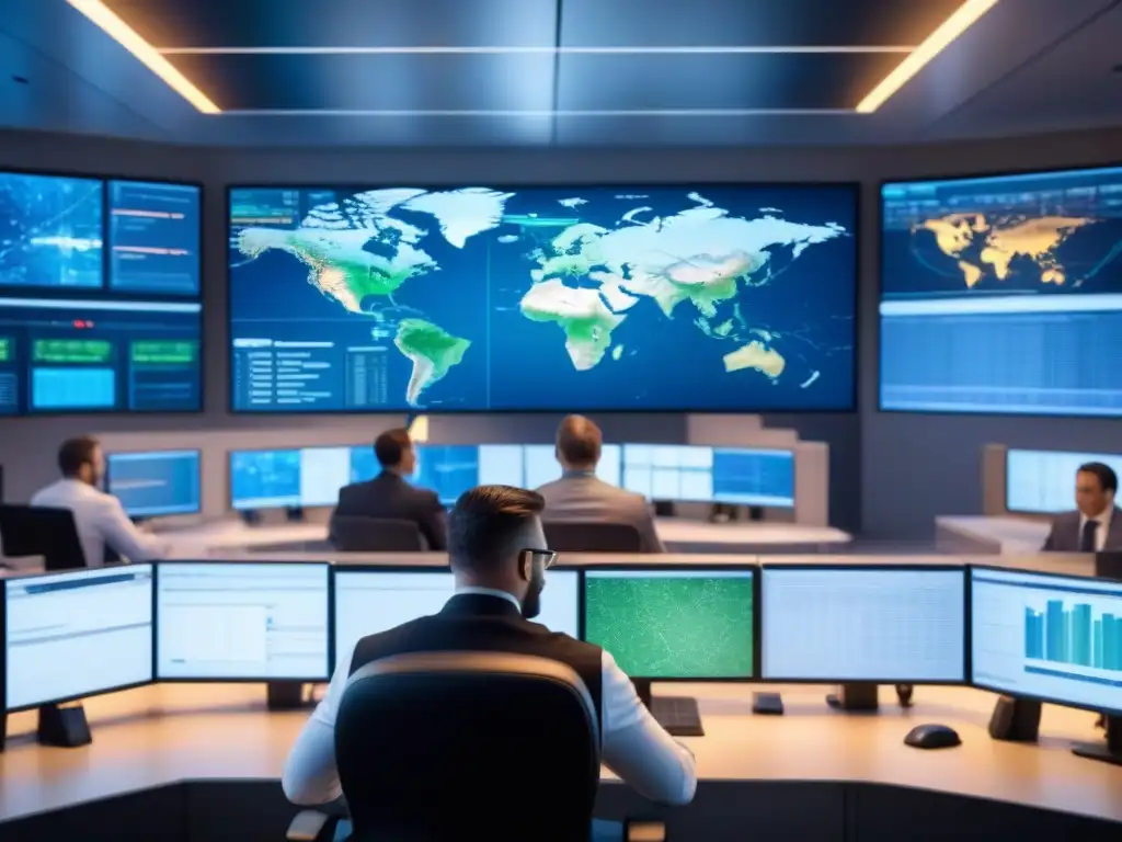 Centro de ciberseguridad: vigilancia global en tiempo real Equipo diverso colaborando en un centro de operaciones de ciberseguridad, monitoreando datos de seguridad en tiempo real