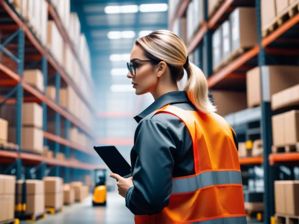 Profesionales logísticos en acción: eficiencia y colaboración Un equipo diverso con certificaciones en logística, coordinando eficientemente operaciones de entrega en un almacén