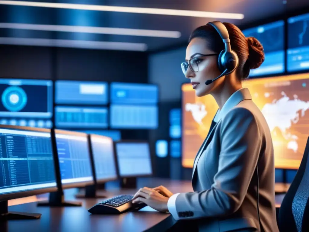 Equipo diverso de ciberseguridad monitorizando operaciones digitales en centro de seguridad de empresa logística en mundo digital