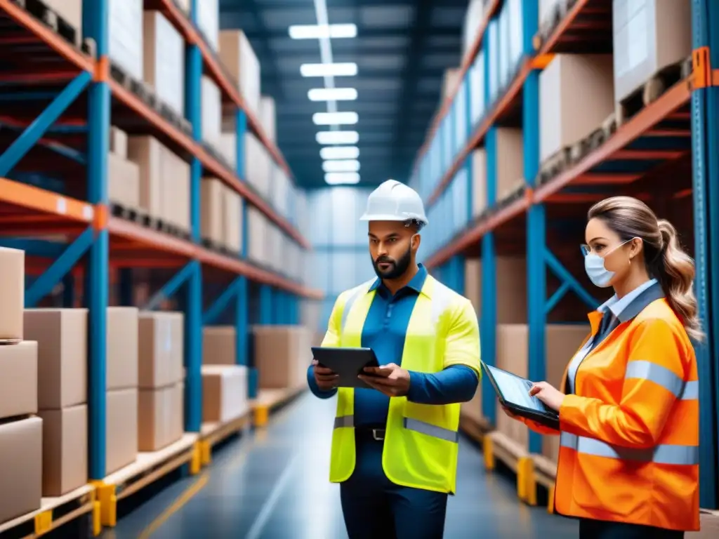 Un equipo diverso y determinado en un almacén tecnológico inspecciona envíos, destacando la seguridad en la empresa logística del mundo digital