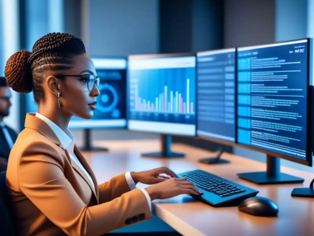 Equipo diverso de expertos en ciberseguridad analizando código y estrategias en una oficina moderna