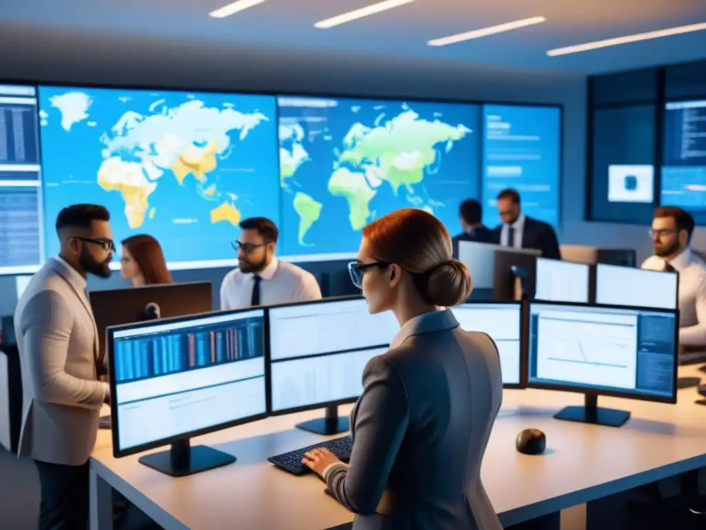 Un equipo diverso de expertos en ciberseguridad colabora en una oficina moderna para mejorar las medidas de seguridad cibernética para comercio electrónico