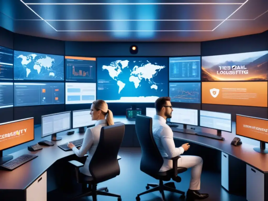 Equipo de ciberseguridad monitoreando operaciones logísticas digitales Un equipo diverso de expertos en seguridad cibernética monitorea operaciones logísticas innovadoras