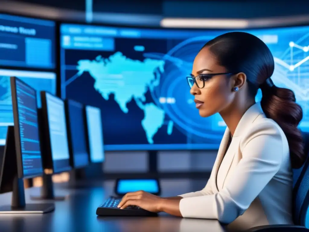 Un equipo diverso de expertos en seguridad cibernética para comercio electrónico analiza códigos y alertas en una oficina moderna