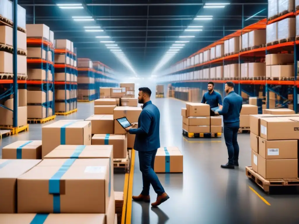 Equipo logístico diverso optimiza eficiencia en almacén Equipo diverso gestionando inventario con eficiencia y precisión, gracias al Software de gestión logística innovador