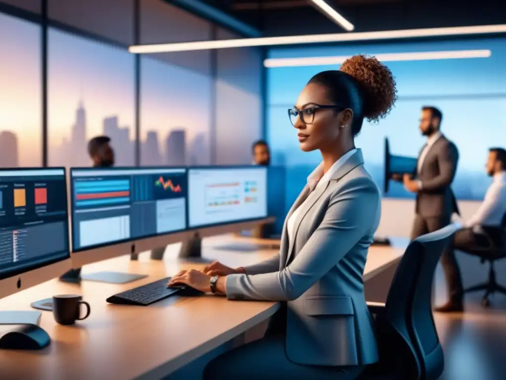 Equipo diverso en oficina usando CRM con IA Un equipo diverso en una oficina, interactuando con un avanzado sistema CRM potenciado por IA