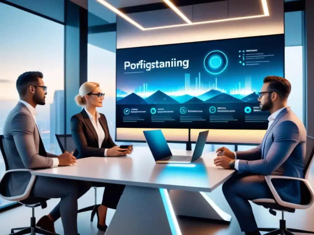 Innovación tecnológica en la oficina: brainstorming con hologramas y datos Un equipo diverso en una oficina moderna usando tecnología avanzada para potenciar la gestión de relaciones con clientes