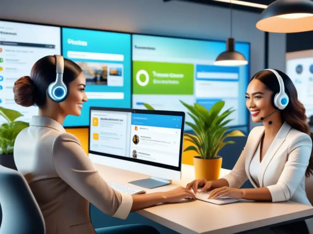 Atención al cliente eficiente con chatbots en empresa ecommerce Equipo diverso en oficina moderna de atención al cliente en ecommerce, usando chatbots para mejorar la experiencia