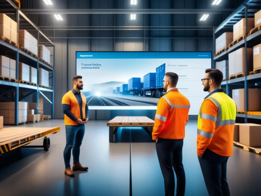 Equipo diverso en acción: logística de precisión y colaborativa Un equipo diverso de profesionales en un centro logístico, colaborando en una discusión estratégica frente a un tablero digital