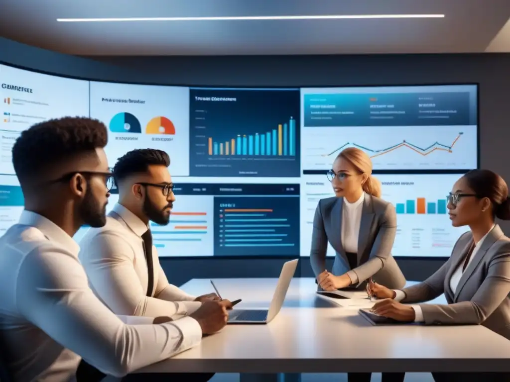 Equipo de eCommerce analizando datos en una sala de reuniones moderna Equipo diverso de profesionales eCommerce analizando datos para minimizar costos devoluciones en moderna sala de juntas tecnológica