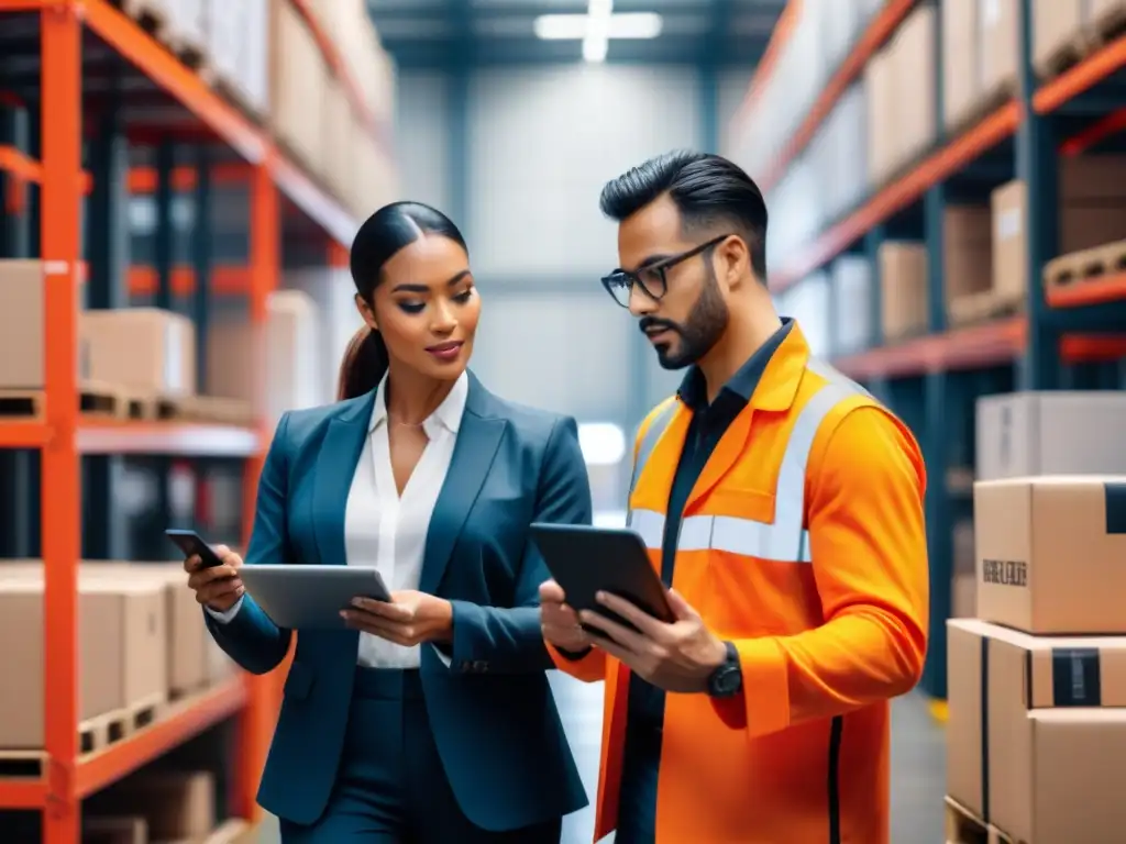 Equipo diverso en almacén, analizando red blockchain en tablet