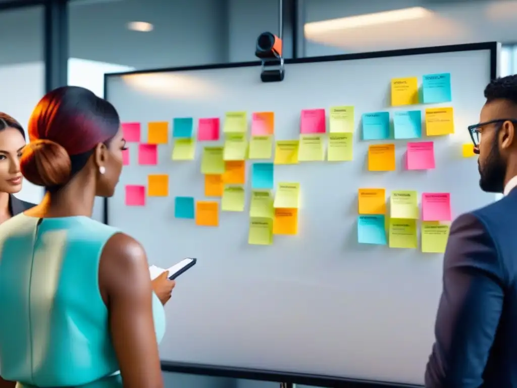 Intensa lluvia de ideas: Equipo diverso innova en moderna oficina Equipo diverso en sesión de lluvia de ideas, estrategias para mejorar devoluciones, oficina moderna