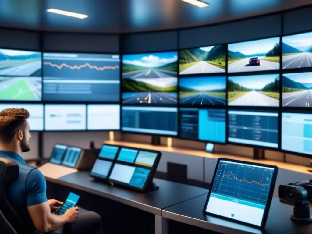 Centro de Gestión de Flota: Equipo Profesional Eficiente y Tecnología Avanzada Equipo diverso monitorea sistemas de seguimiento vehículos logística innovadora en centro de gestión moderno