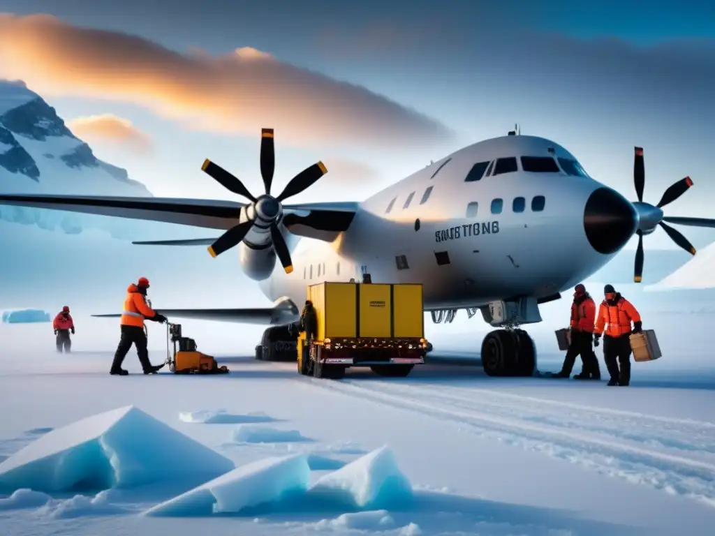 Equipo diverso descargando suministros de avión en la Antártida, mostrando soluciones innovadoras logística antártica