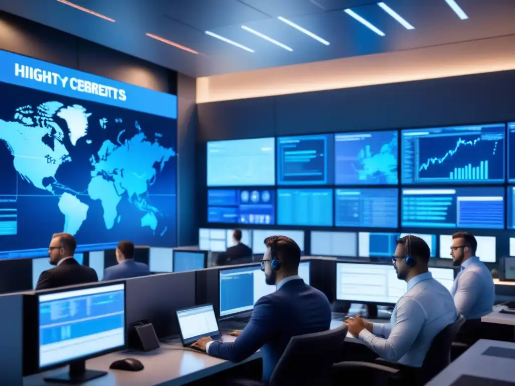 Centro de ciberseguridad: expertos en acción Equipo de expertos en ciberseguridad monitorean amenazas en un centro de operaciones de alta tecnología, destacando profesionalismo y urgencia