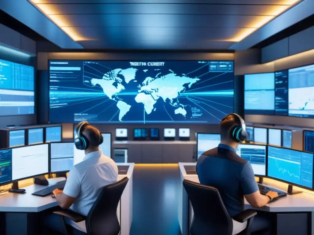 Centro de ciberseguridad aeroportuario: defensa hightech Equipo de expertos en ciberseguridad protegiendo carga contra ciberataques en sala de control de aeropuerto