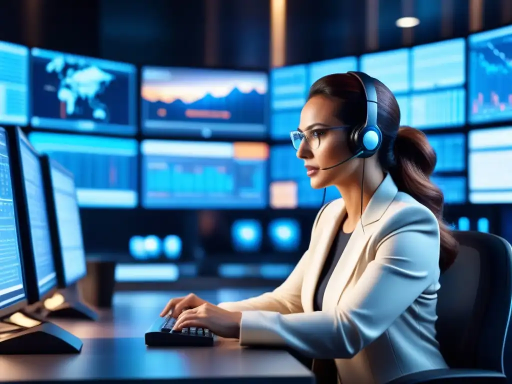 Equipo de expertos en ciberseguridad trabajando en sala de control de alta tecnología