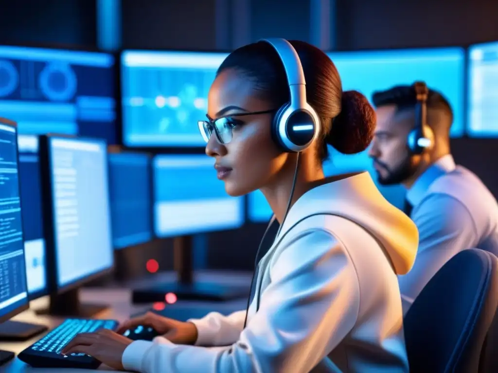 Equipo de expertos en seguridad cibernética analizando datos en centro de operaciones, comercio electrónico