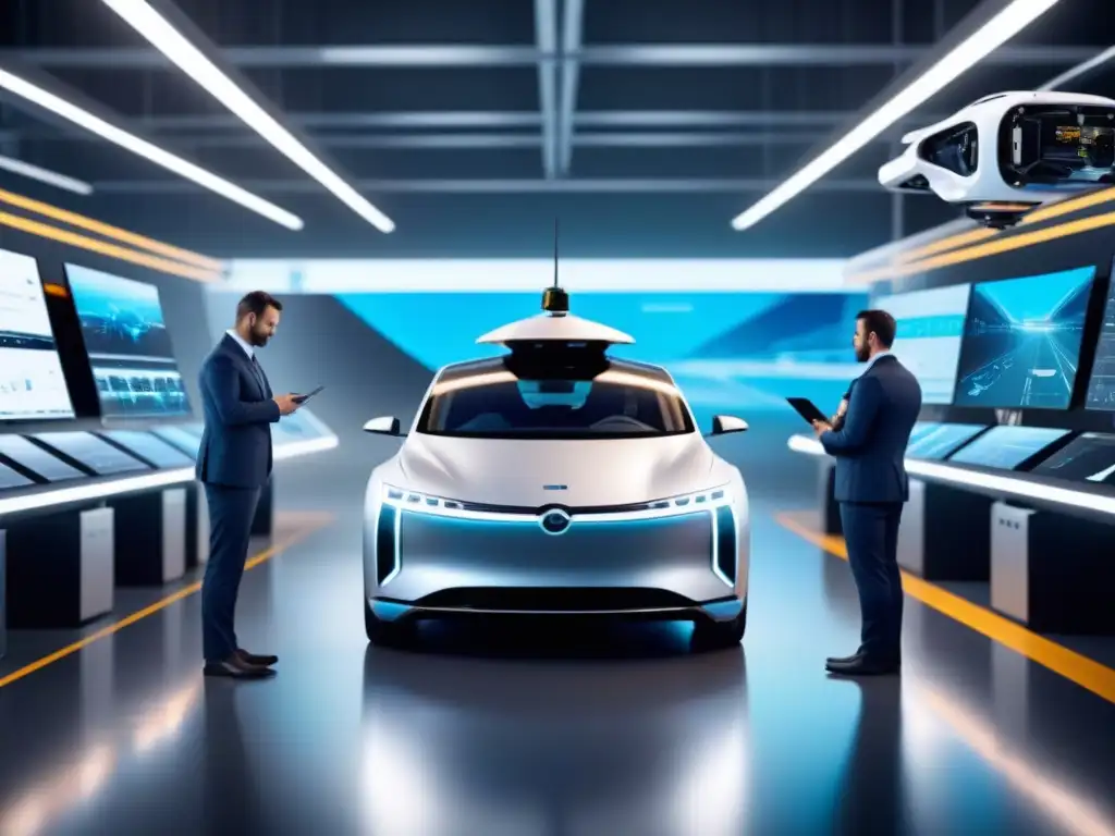 Equipo de ingenieros en mantenimiento de vehículos autónomos Equipo de ingenieros realizando mantenimiento predictivo a vehículos autónomos en moderna instalación tecnológica
